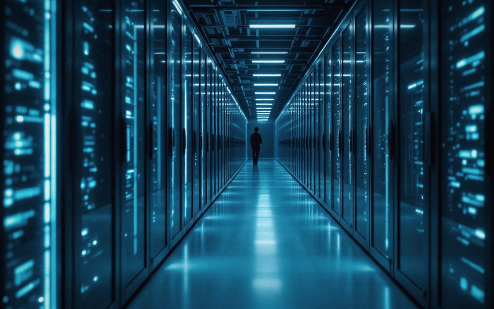 A data-centre aisle in cold blue light with closed doors