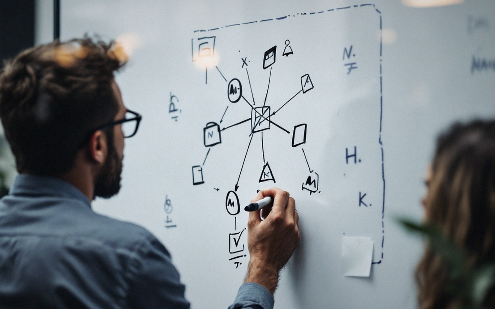 A network diagram drawn on a whiteboard in marker, partly erased
