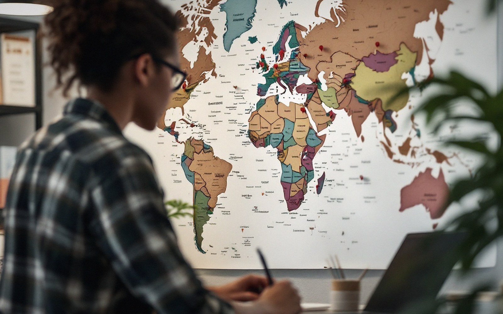A world map printed and pinned to a wall with coloured pins marking sites, angled view
