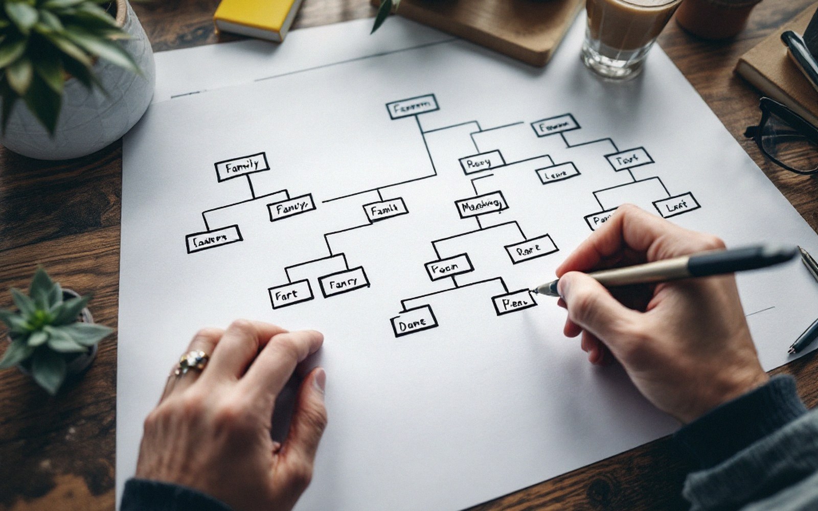A printed family-tree style diagram on paper with lines traced in pen