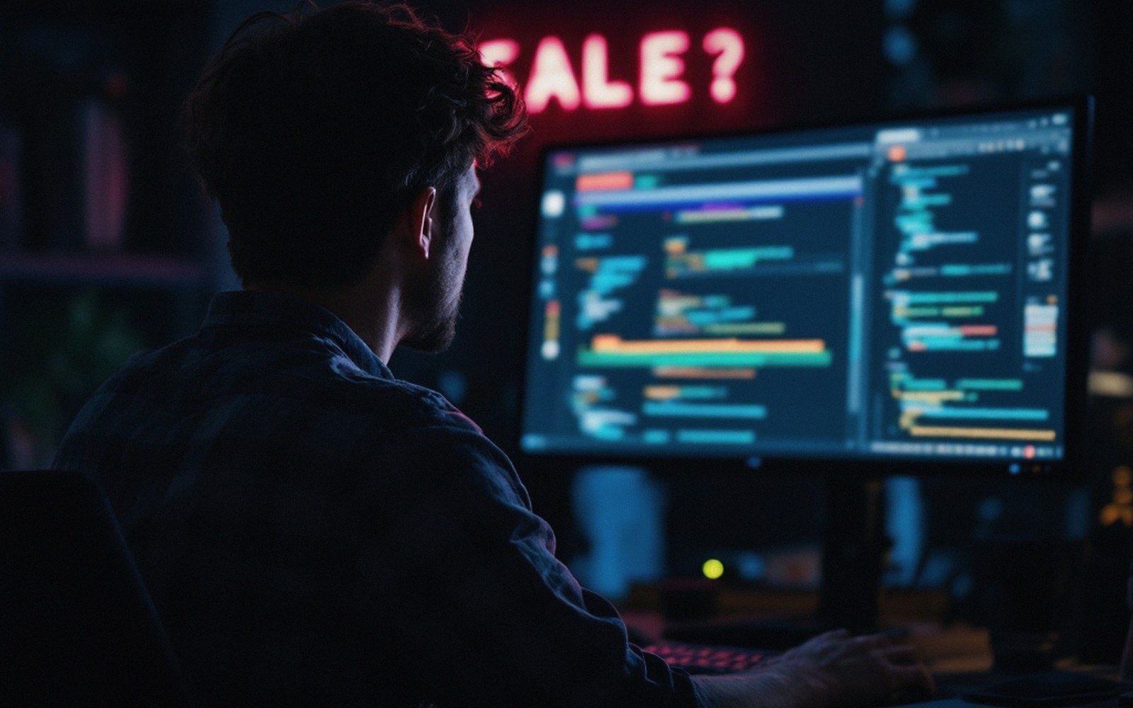 An adult developer watching a page load on a large monitor, seen from behind, dim room