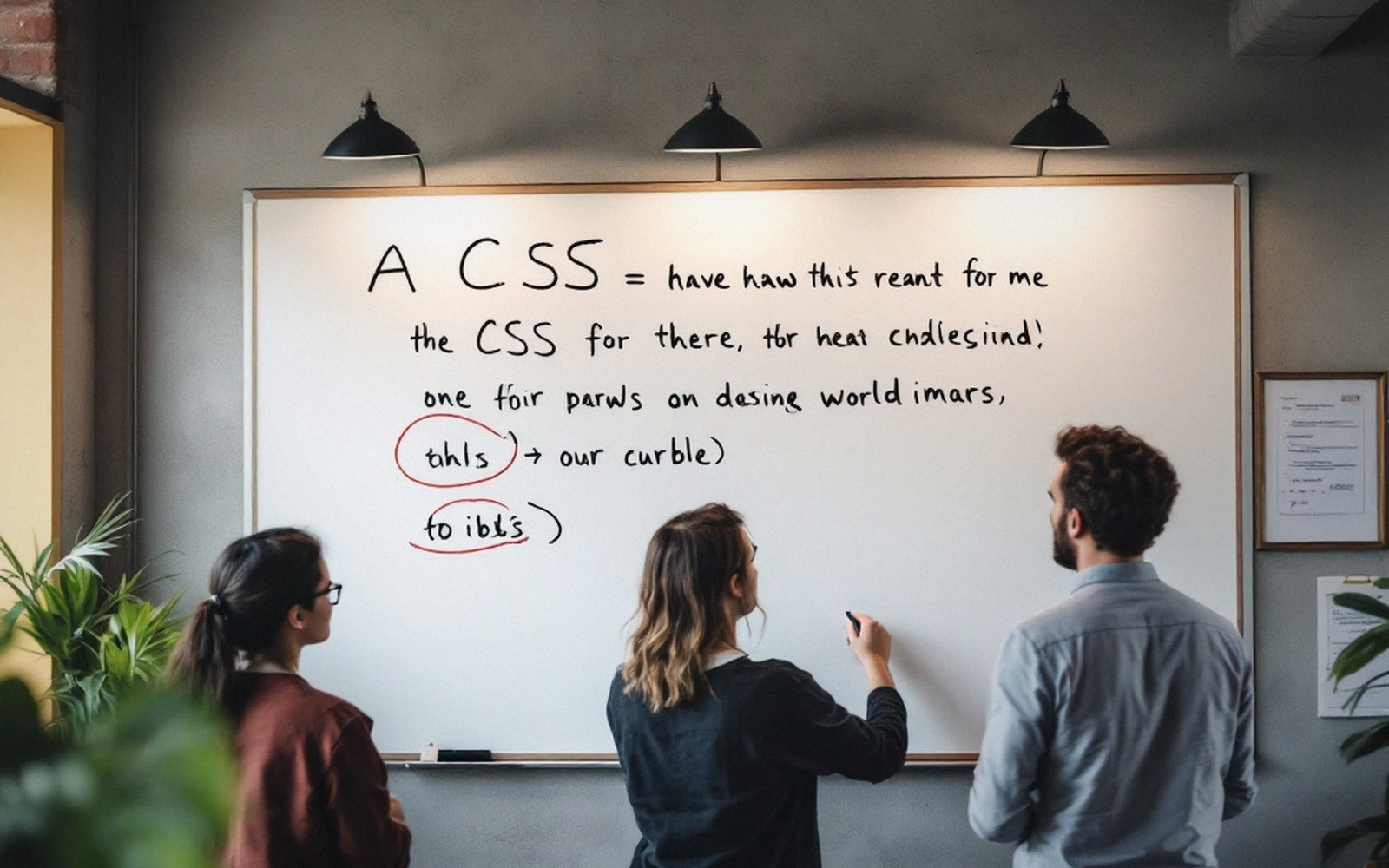 A CSS rule written out large on a whiteboard with parts circled in marker