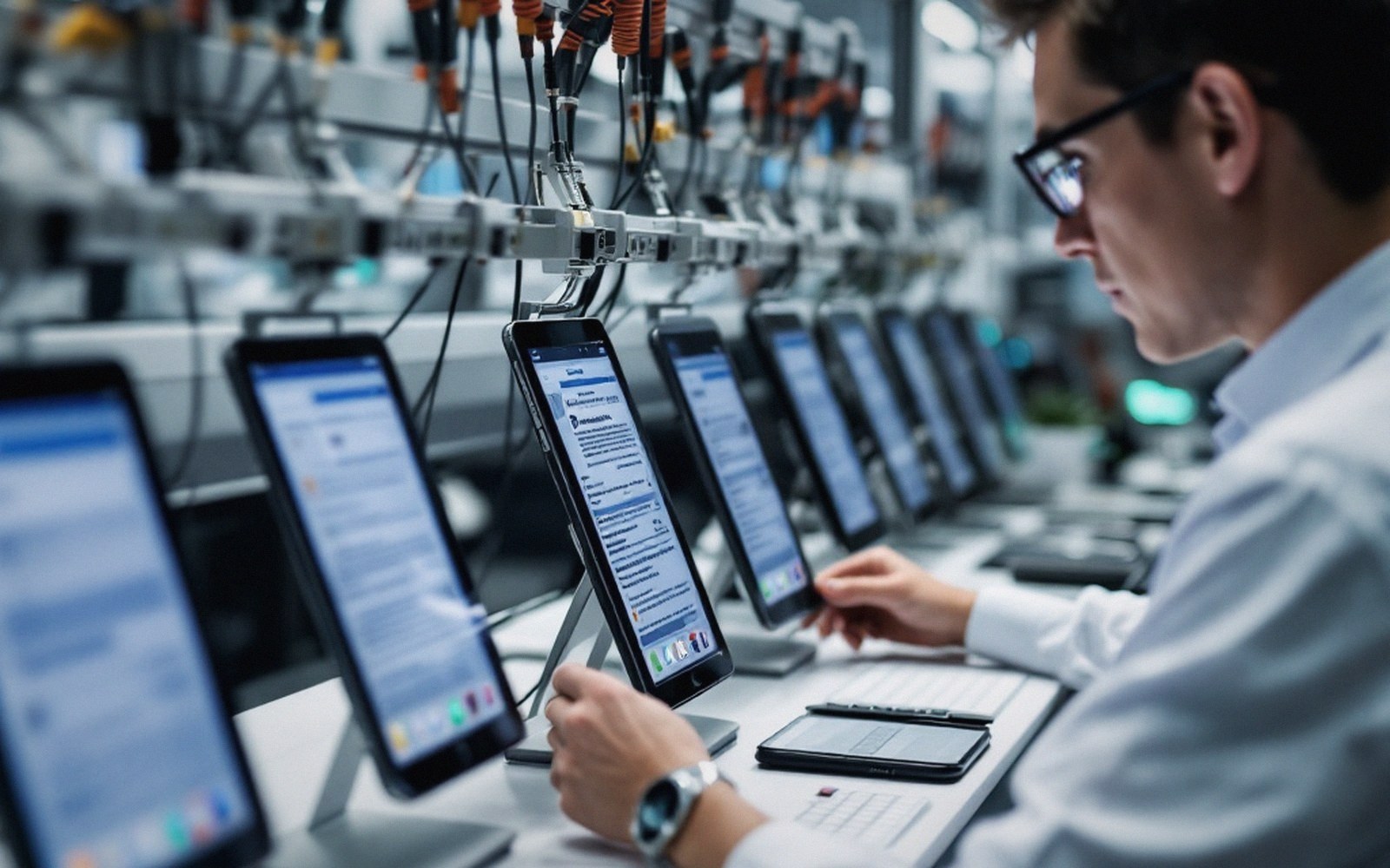 A rack of phones and tablets mounted on a test bench, all showing the same page, even light