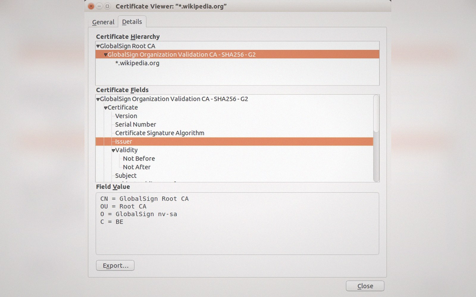 A browser certificate detail panel open on screen, the chain visible, photographed close