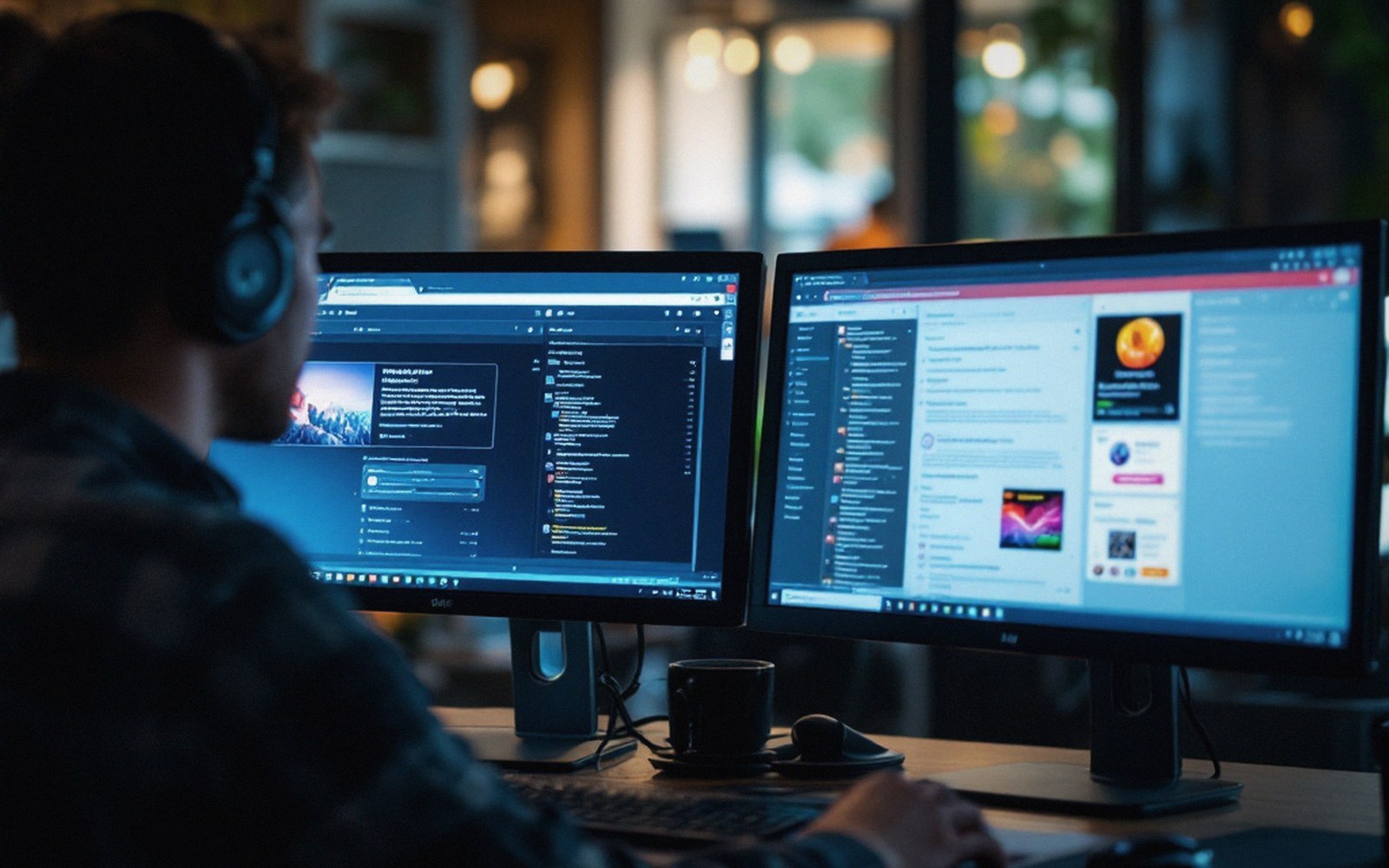 Two monitors side by side showing the same page rendered slightly differently, photographed square on