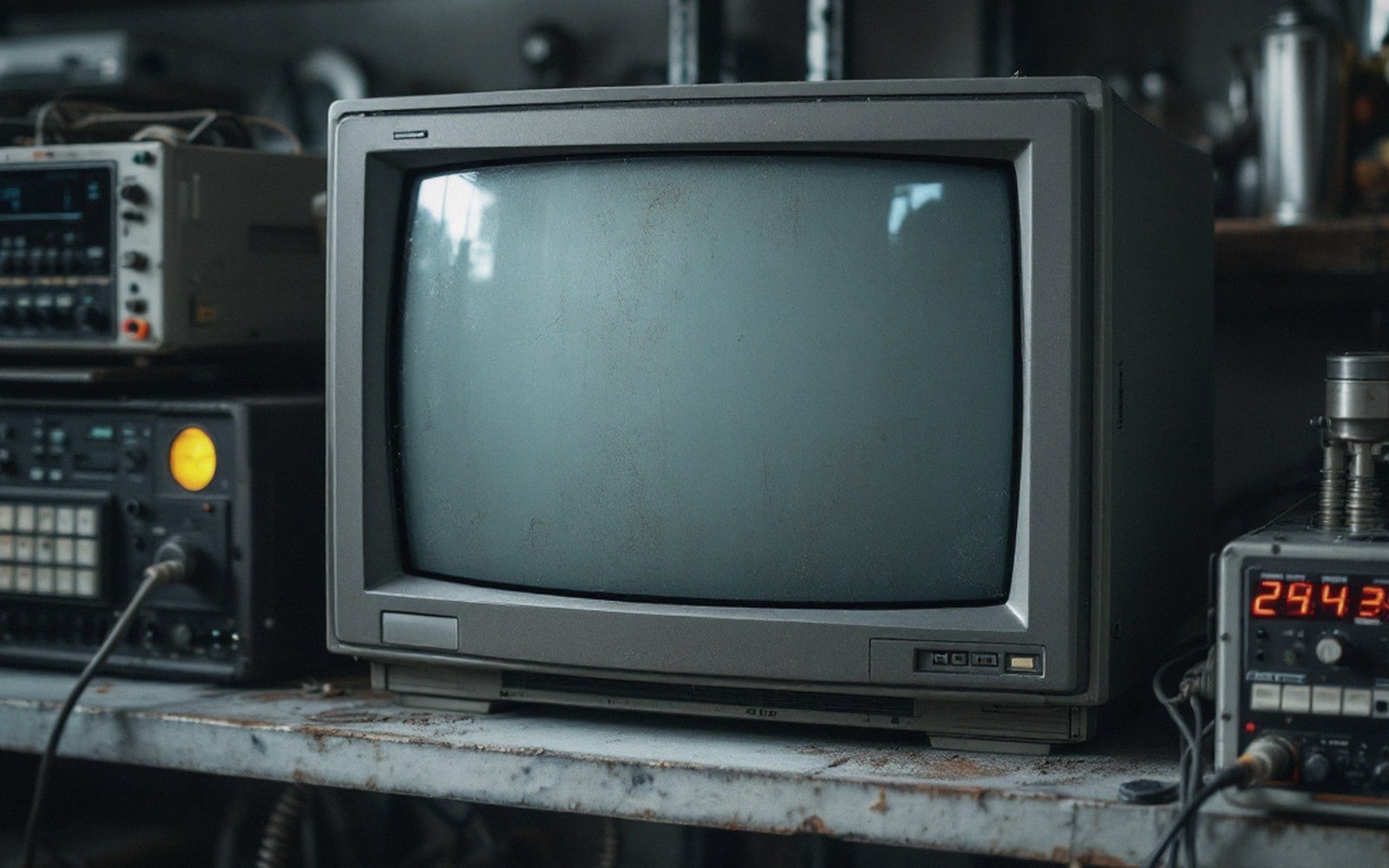 An old CRT monitor stored on a shelf beside modern equipment, dusty, workshop light