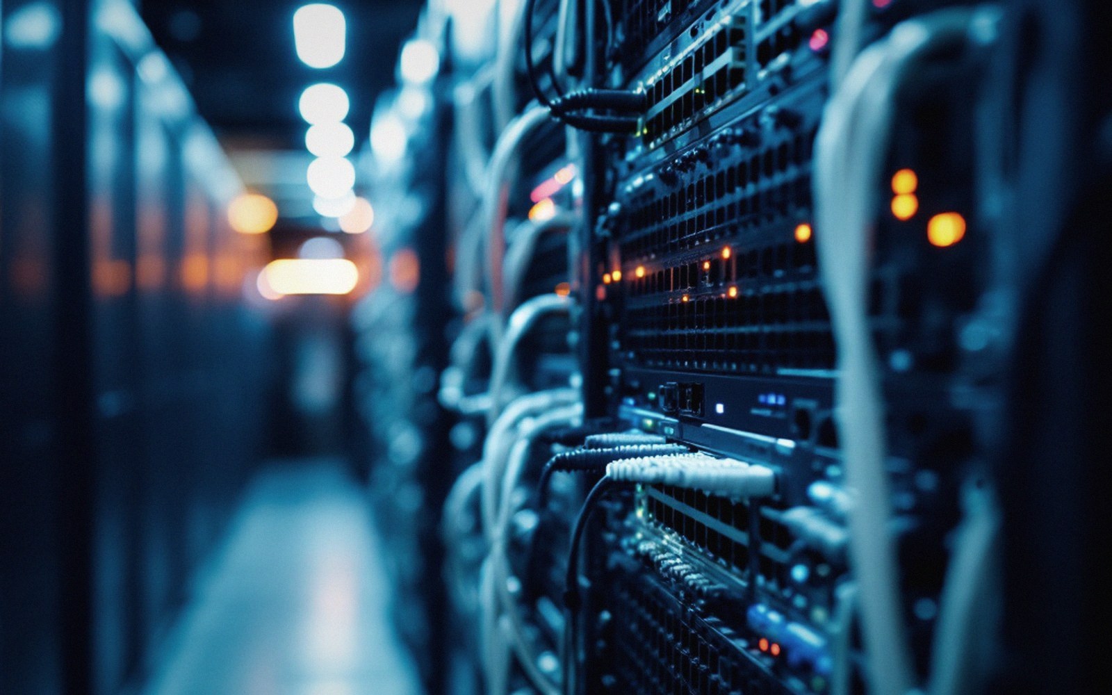 A rack of network switches with cabling dressed neatly down one side, cool server-room light